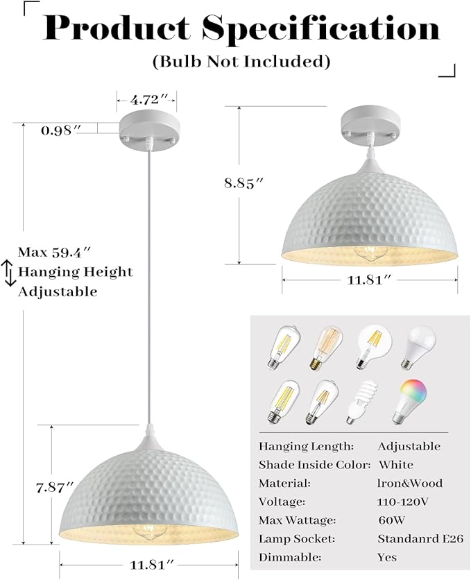 Hammered White Dome Pendant Light 2 Pack, White and Gold Pendant Lights,12 Inch Metal Industrial Pendant Light, Kitchen Island Pendant Lights for Kitchen, Dining Room, Bar
