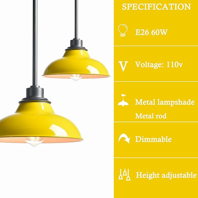 Modern Pendant Light Fixture Yellow Pendant Light Hanging Light Fixture for Kitchen Island Dining Room Bedroom Bar Living Room(Metal Rod)