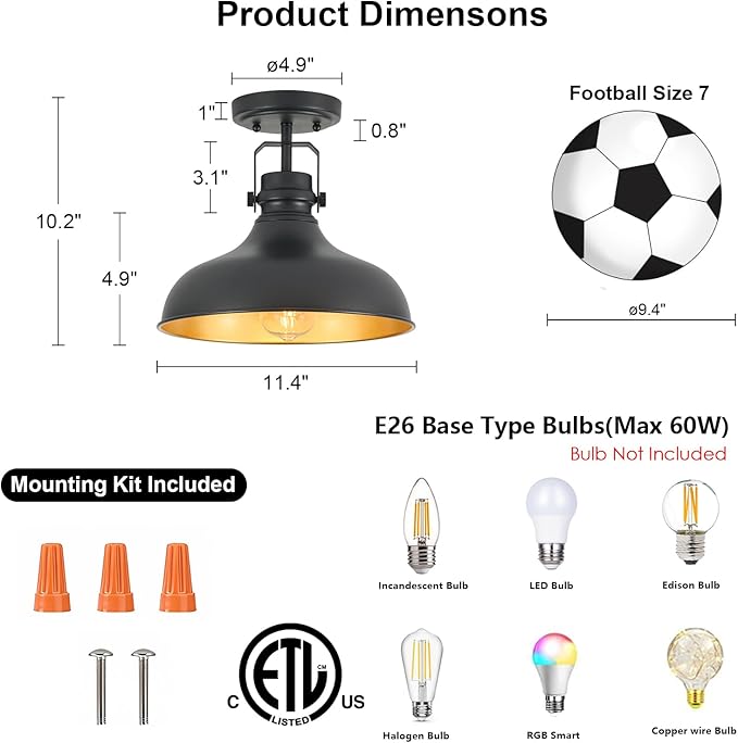 Metal Semi Flush Mount Light Fixture 11.4 inch Ceiling Light Black Hallway Light Fixtures for Kitchen,Hall,Bedroom,Bathroom,Entryway 2 Pack