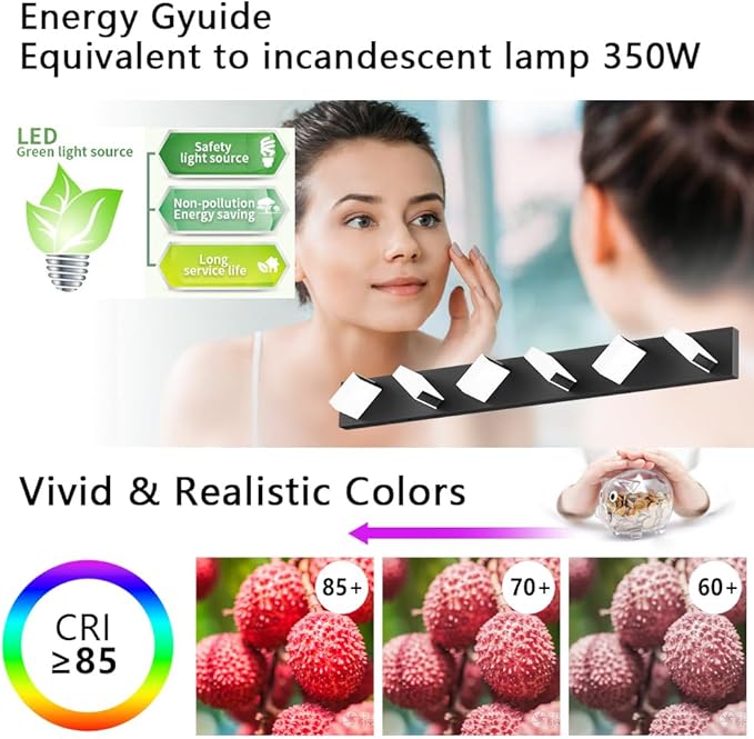 Aipsun 5 Color Temperature 6 Lights Black LED Vanity Lights Dimmable Acrylic Modern Matte Black Bathroom Vanity Lighting Fixtures Bathroom Wall Light Fixtures Over Mirror
