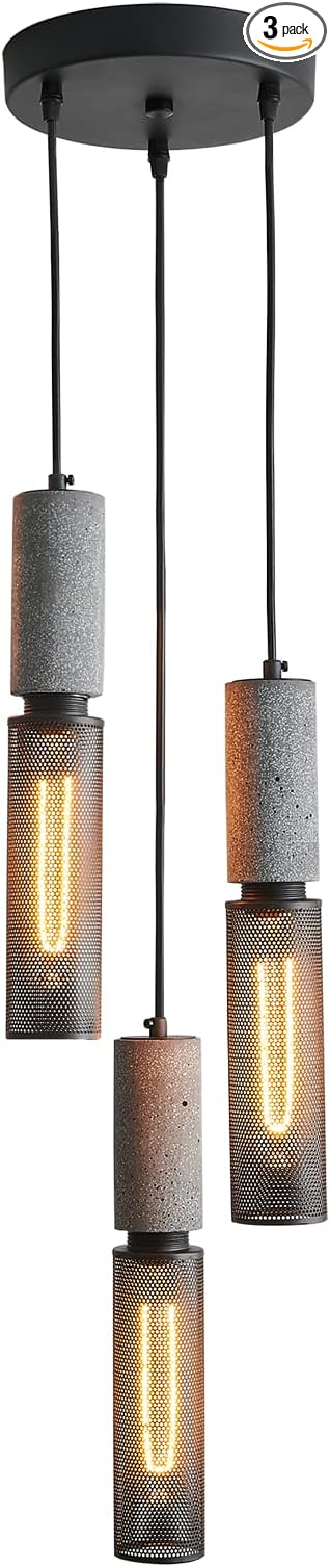 3-Light Concrete Linear Pendant Light with a Metal Mesh Shade,Modern Industrial Hanging Cement Pendant Lighting for Kitchen Island Bedroom Living Room Dining Room Light Fixture
