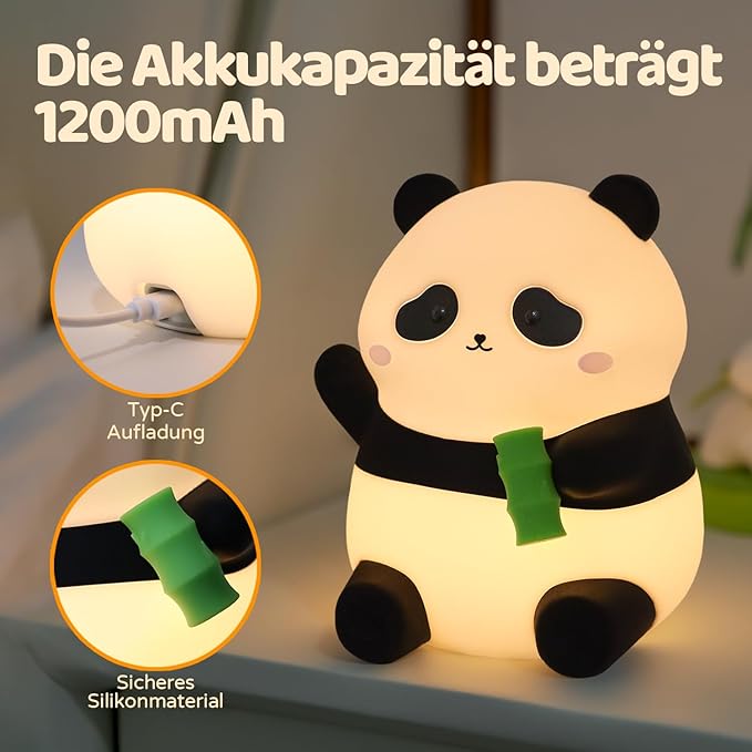 Panda Night Light, 50-Hour Battery & Pat-to-Change Brightness, Squishy Silicone Lamp for Girls Kids Bedroom, USB Rechargeable with Timer, Easter Gifts for Kids