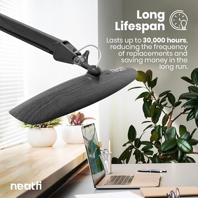 Neatfi XL 2200 Lumens 24W LED Desk Lamp with Clamp - Shadow-Free Task Lighting | 4-Level Dimming | Home Office & Crafts Use | 20-Inch Wide Head (Non-CCT, Gray Wood)