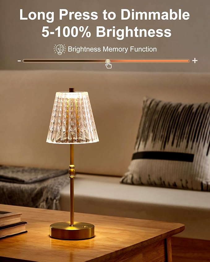 Cordless Table Lamp, 5000mAh Rechargeable Battery Operated Portable Lamp, Dimmable+3 Colors LED Touch Control, Vintage Crystal Lamp for Bedroom, Kitchen, Bar, Office