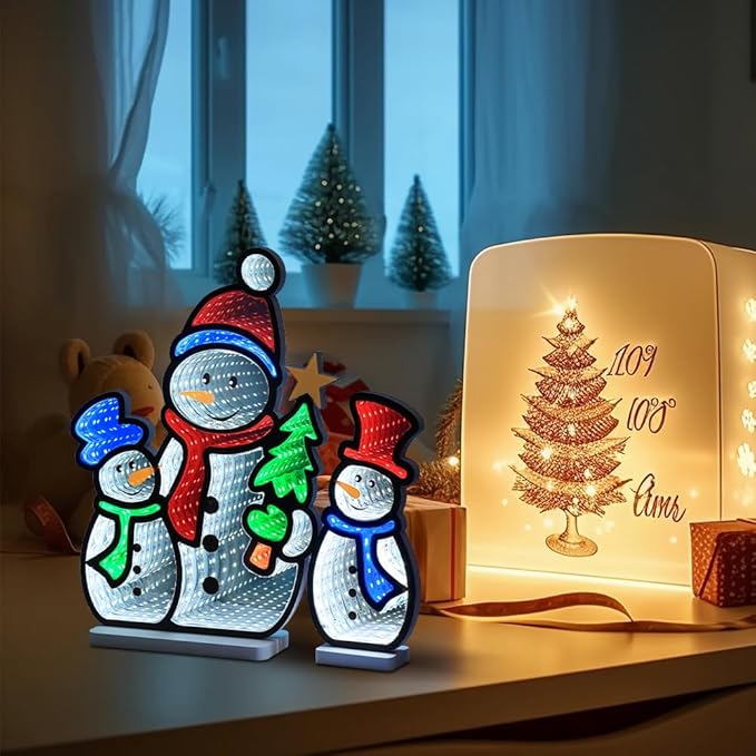 MEETYAMOR Christmas Decorations Indoor, Set of 3 Snowman Infinity Mirror Tunnel Light for Christmas Decor, Night Lights with Endless Extension for Home Mantel Table Centerpiece Lamp Xmas Decorations