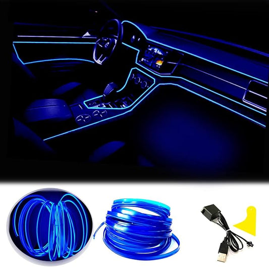El Wire Blue Interior Car LED Strip Lights, 2M Neon Wire USB 5V with Fuse Protection for Automotive Interior Decoration, with 6mm Sewing Edge