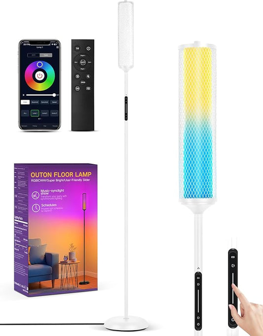 OUTON Corner Floor Lamp with Remote, Touch & App Control, RGB Color Changing Standing Lamp with 32 Modes, 360 Lighting, 3 Color Temperatures, Dimmable 66 in Tall Lamp for Living Room,White & Metal
