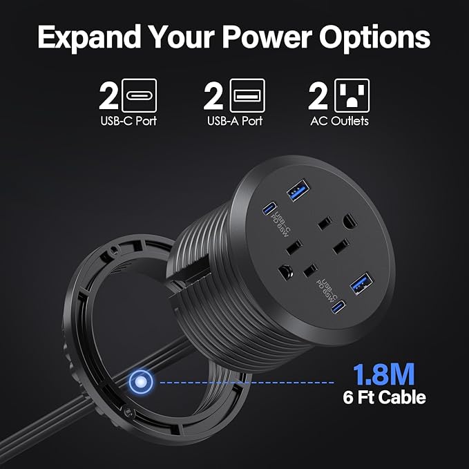 3 inch Desktop Power Grommet USB C,65W Fast Charging Station,Furniture Recessed Power Strip,2 Outlets,4 USB Ports,Flush-Mount for Desktop, Workspace Essential Desk Outlet,2 Pack (Black)
