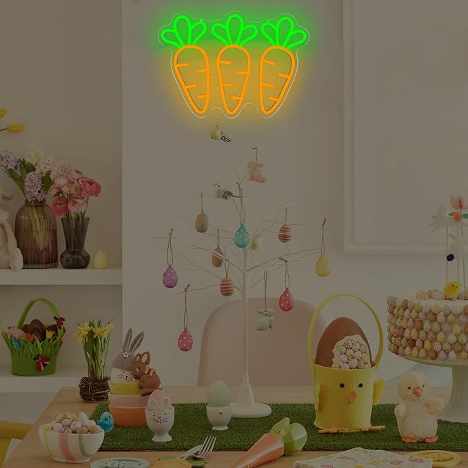 Carrot Neon Sign for Wall Decor Easter Led Sign Three Carrot Neon Light Easter Decorations Vegetable Shop Light Up Signs for Spring Bar Home Holiday Party Window Gifts Business Coffee Garden