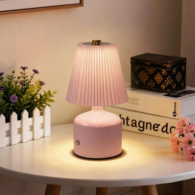 Small Cordless Table Lamp Rechargeable Desk Lamp, 3 Color Stepless Dimming, Metal Base Pleated Table Lamp for Bedside, Bedroom, Dining Room, Living Room (Pink)