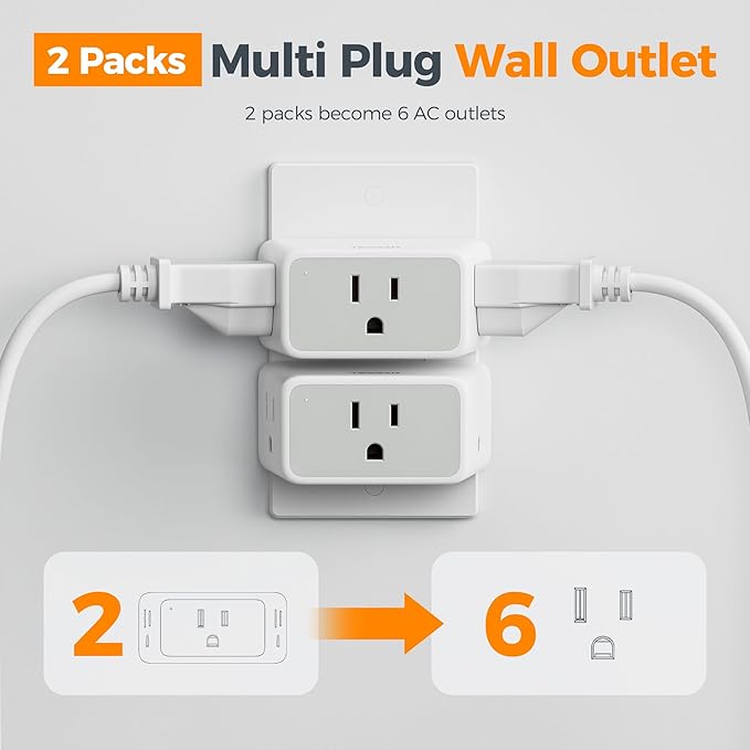 TESSAN Multi Plug Wall Outlet 2 Packs, 2 Prong to 3 Prong Foldable Adapter, 3 AC Plug Extension Outlet Extender, 1875W Max for Cruise Ship, Home, Office, Dorm, Travel Essential