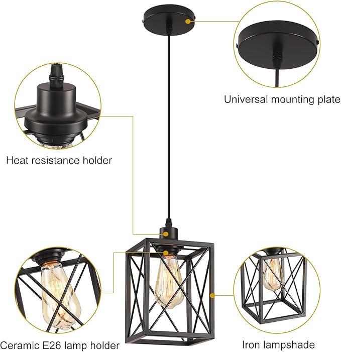 Black Pendant Lighting Modern Pendant Light, Adjustable Pendant Light Fixture,Pendant Lights Kitchen IslandLight (3 Pack Square Pendant Light)