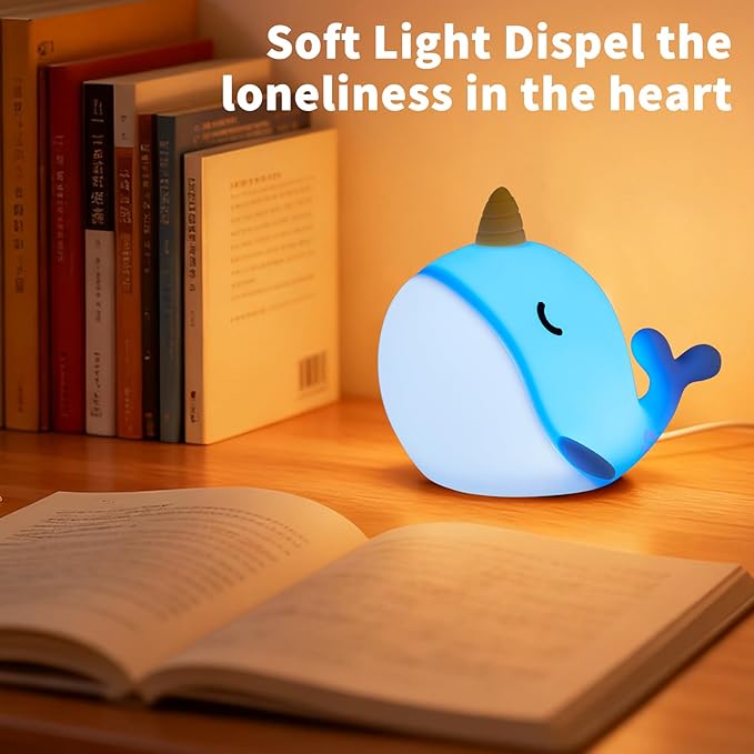 Narwhal Night Light, USB-C Rechargeable Tap Control Lamp with 3-Level Dimming & 30-Min Auto Timer, 7-Color Changing Squishy Silicone Nursery Light, Birthday Gift for Kids