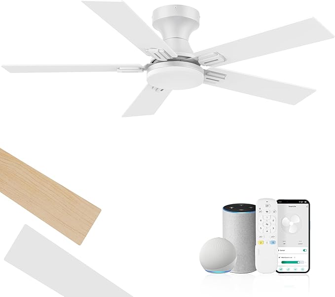 42 inch Smart Low Profile Ceiling Fan with Lights Remote,Quiet DC Motor,WIFI Control via Voice Alexa,App, Easy to Install,Flush Mount Outdoor Indoor Fans for Small Bedroom Patio Porch,White& Wood