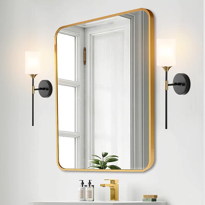 Industrial Mid Century Wall Sconce Set of 2 with White Cylinder Glass Shades Modern Bathroom Vanity Wall Lamp Black and Gold Finished Wall Light Fixture