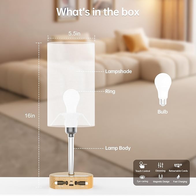 Bedside Table Lamps Set of 2, Desk Lamp with Charging Station 74W【2 * 3.94ft Retractable Cords & 2 USB Ports】, 3 Way Dimmable Touch Lamps for Nightstand, Dual Type C