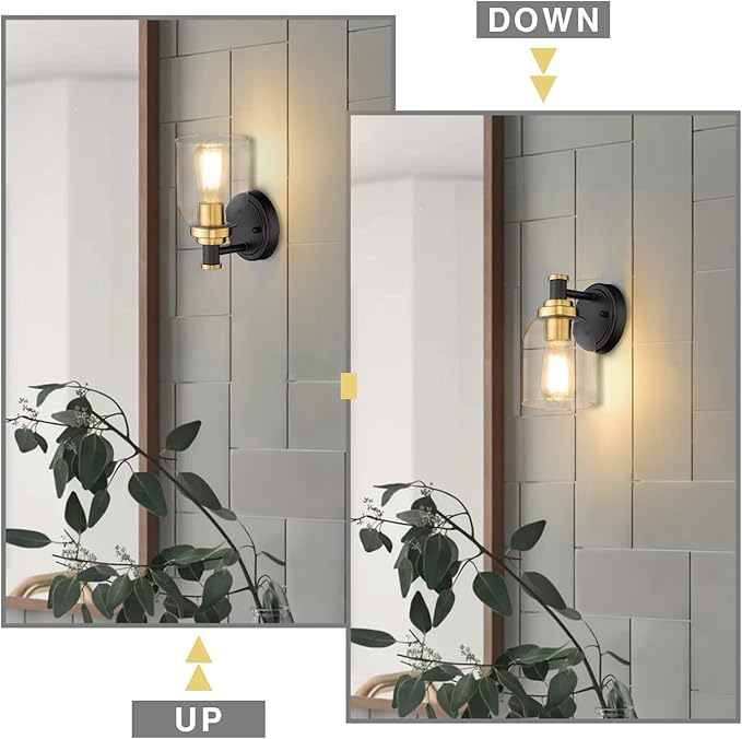 zeyu 2 Pack Modern Vanity Wall Sconces, Indoor Wall Lights for Bathroom Hallway Bedroom with Clear Glass Shade, Black and Gold Finish, ZG33B-2 BK+BG