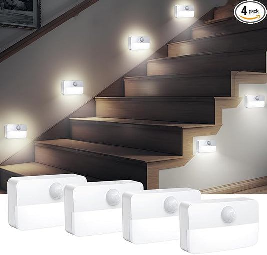 AMIR 4 Pack Mini Motion Sensor Stair Light for Indoor, Battery-Powered LED Night Light, 40 Lumen 6500K, Cordless Closet Lights, Safe Lights for Stairs, Hallway, Bathroom, Kitchen, Cabinet