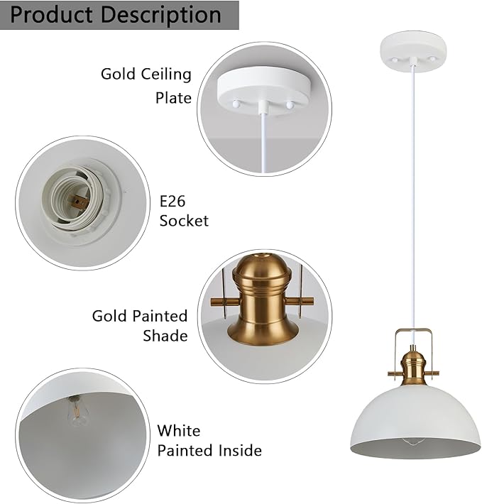 12 Inch Pendant Lights for Kitchen Island Matte White Farmhouse Pendant Light fixtures Adjustable Height Dome Hanging Light for Dinning Room Bedroom Hallway,2 Packs