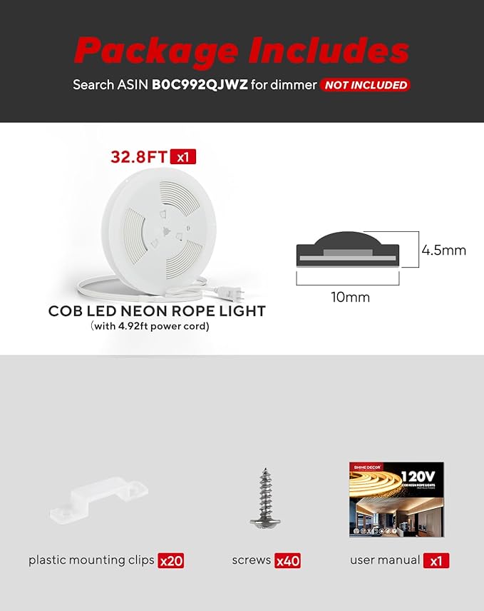 Shine Decor COB LED Rope Light AC 120V, 800lm Ultra Bright, IP65 Waterproof Cold-Resistant ETL Neon Strip, No Driver Tape Lighting for Home Commercial 10x4.5mm, Blue, 32.8ft