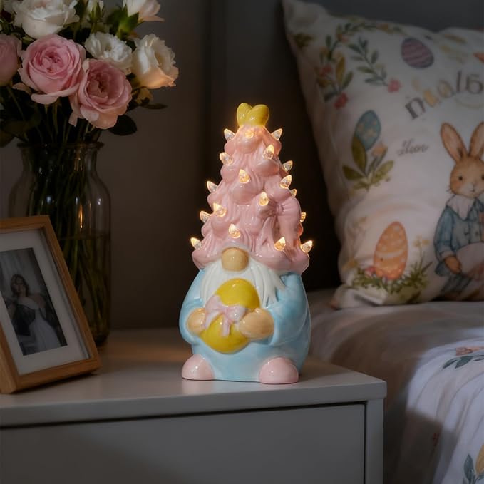 WDS WONDROUS Easter Decorations Lighted Gnome Figurine, Ceramic Battery Operated LED Easter Decor with Pink Hair Holding Egg, Spring Home Decor, Table Centerpiece, Indoor Gnome Decorations