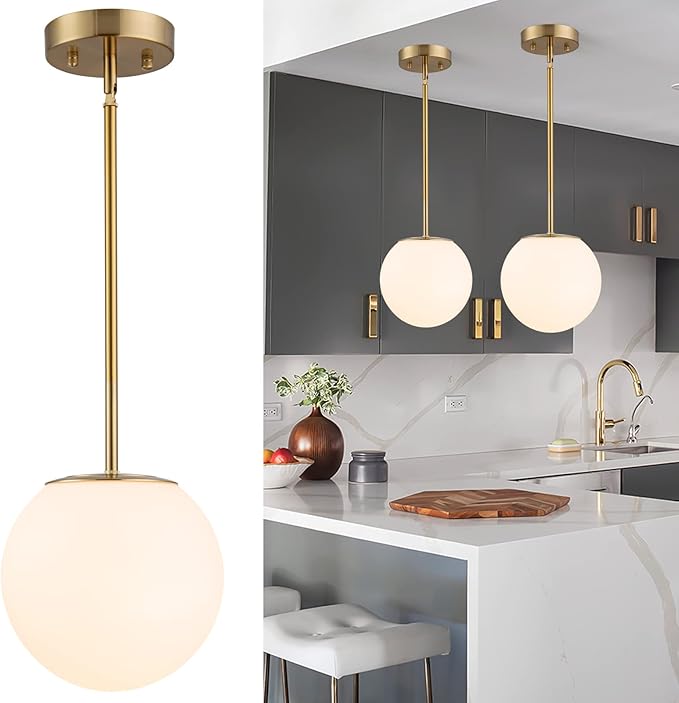 Modern Globe Pendant Light Mid Century Opal Glass Hanging Light Fixture Gold Finish, 2-Light Glass Pendant Lighting for Kitchen Island Dining Room Bedroom Hallway and Bathroom