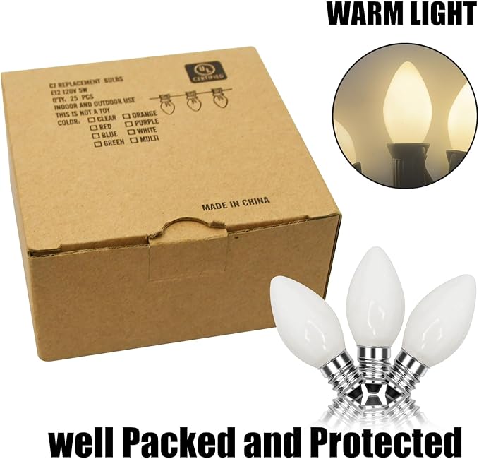 25 Pack C7 White Replacement Spare Incandescent Patriotic Light Bulbs, 5w Vintage Glass Ceramic White Light Bulbs C7/E12 Base for Independence Day, Patriotic Parties Decor
