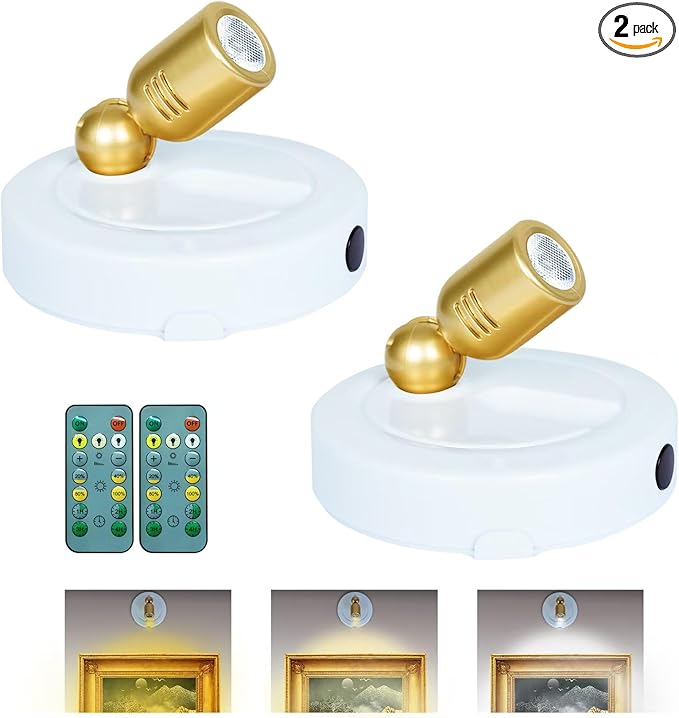 Picture Light Battery Operated, 3 Color Temperatures Picture Light with Remote, Indoor LED Spot Lights for Plants for Wall Frame Dartboard Art Painting Display Accent-White Gold