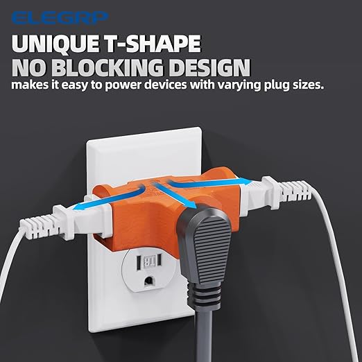 ELEGRP 3-Prong Heavy Duty Power Extender to Triple Outlet in T Direction, Multi-Directional Grounded Wall Tap Outlet Extender with 3 Prong Plug-in, 15-Amp, 125-Volt, ETL Listed, 1 Pack, Orange