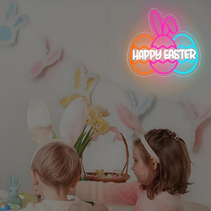 Happy Easter Neon Sign for Wall Decor Three Easter Egg Led Sign Bunny Neon Light Up Sign for Neon Wall Art Party Home Room Decor Gift for Kids