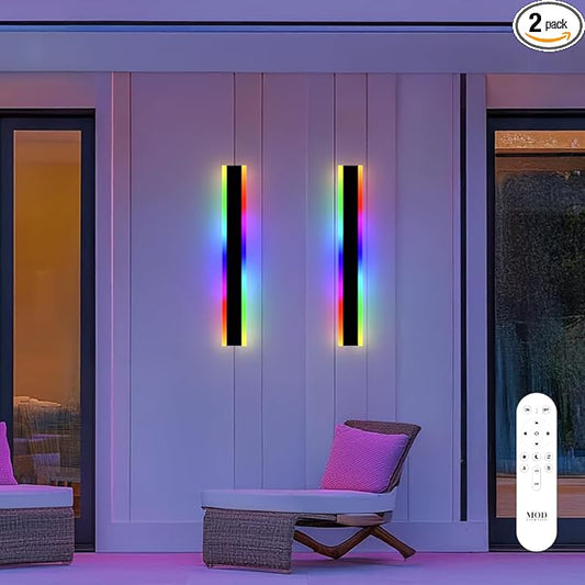 𝗠𝗢𝗗 𝗟𝗜𝗚𝗛𝗧𝗜𝗡𝗚 Haylen RGB | Long Outdoor Wall Lights, 7 Colors and 358 Light Effects, Dimmable with Remote Modern Linear Exterior Light Fixture, Waterproof Wall Sconce 45W, 2-Pack (RGB |24")