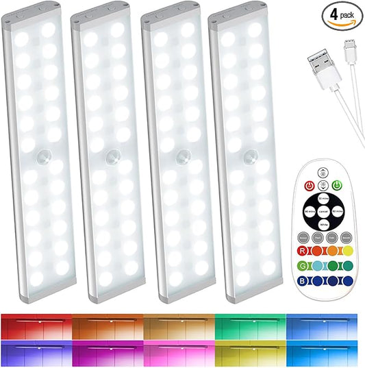 SZOKLED 58-LED Under Cabinet Lighting Wireless, RGB Motion Sensor Night Lights, 1100mAh Magnetic Under Cabinet Lights for Kitchen, Shelf, Stair, 15 Color (4 Pcs)