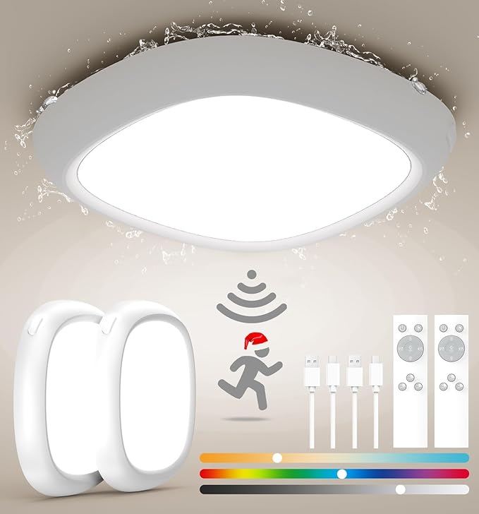 2 Pack Rechargeable IP54 Waterproof Shower Light Indoor, 12000mAh Motion Sensor Wireless Ceiling Light with Remote No Wiring, Battery Operated Closet Lights Cordless LED Overhead Lighting for Bathroom