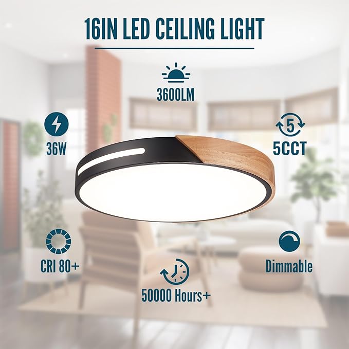 Wood Ceiling Light Flush Mount LED 36W 2Pack, 16 inch Flush Mount Black 5CCT, Kitchen Light Fixtures Ceiling Mount, Dimmable Close to Ceiling Light for Bedroom, Living Room, Bathroom