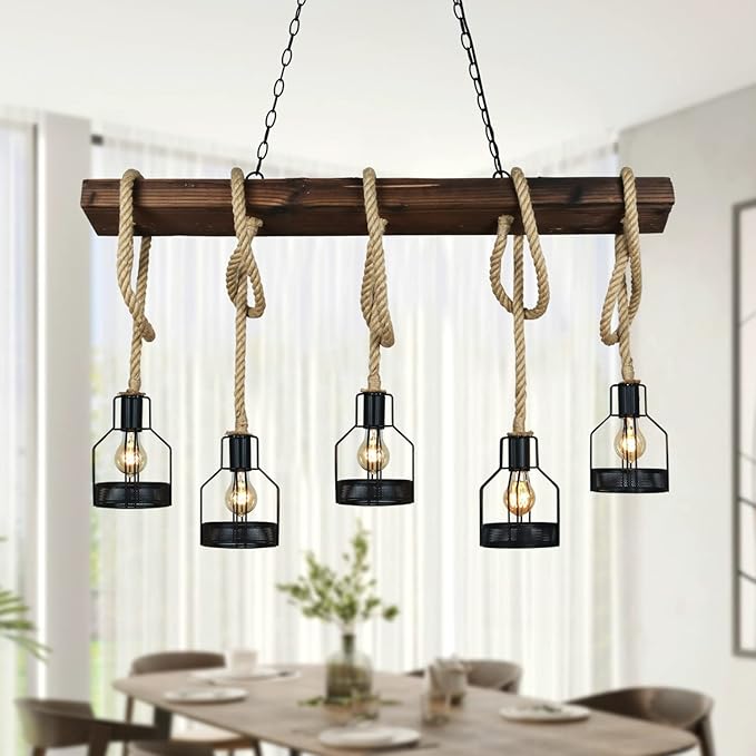 Farmhouse Pendant Lights Kitchen Island, Kitchen Light Fixtures, Rustic Dining Room Light Fixture with 5 E26 Bulb Sockets, Black Metal and Wood Beam Ceiling Pendant Light Fixtures