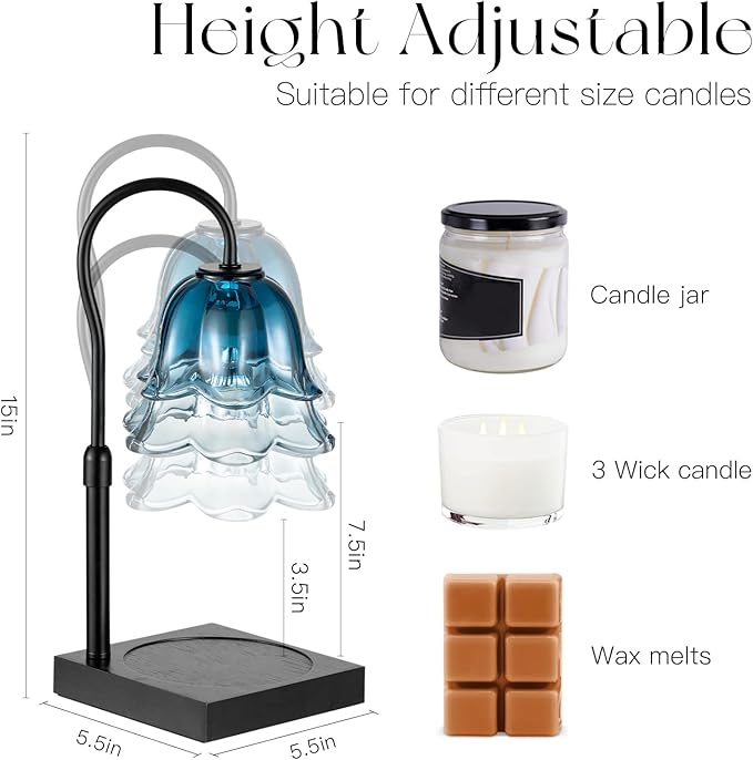 Candle Warmer Lamp with Timer: Navy Blue Flower Candle Warming Lamp with 2 Bulbs Height Adjustable Wax Warmer Dimmable Bedroom Decor Mothers Day Birthday Gift for Women