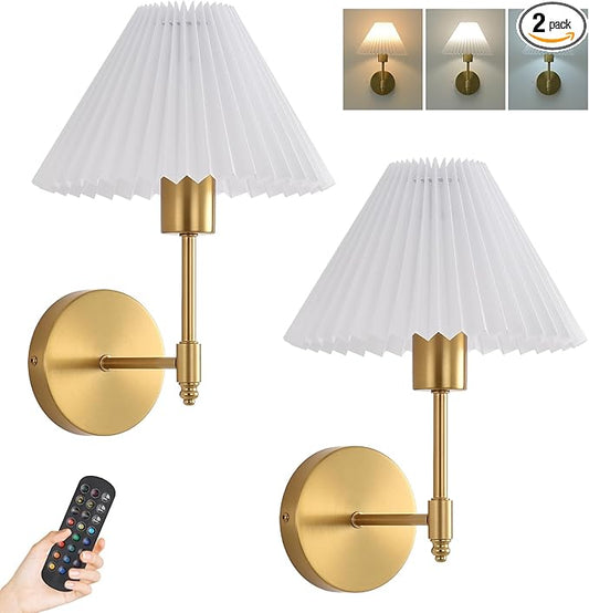 Battery Operated Wall Sconces Set of 2,Gold Rechargeable Wall Lights with Remote,Dimmable Wall Lamp with Pleated Shades,15 Colors Wireless Bathroom Vanity Wall Sconce for Bedroom Living Room Hallway