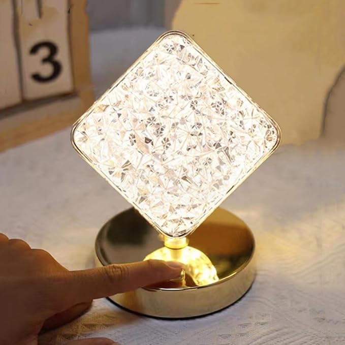 Crystal Table Lamp, Touch Control Nightstand Light with 3Color Temperature, USB Rechargeable Bedside Light for Bedroom Living Room Desktop Bar Cafe Office Indoor Decoration(Diamond)