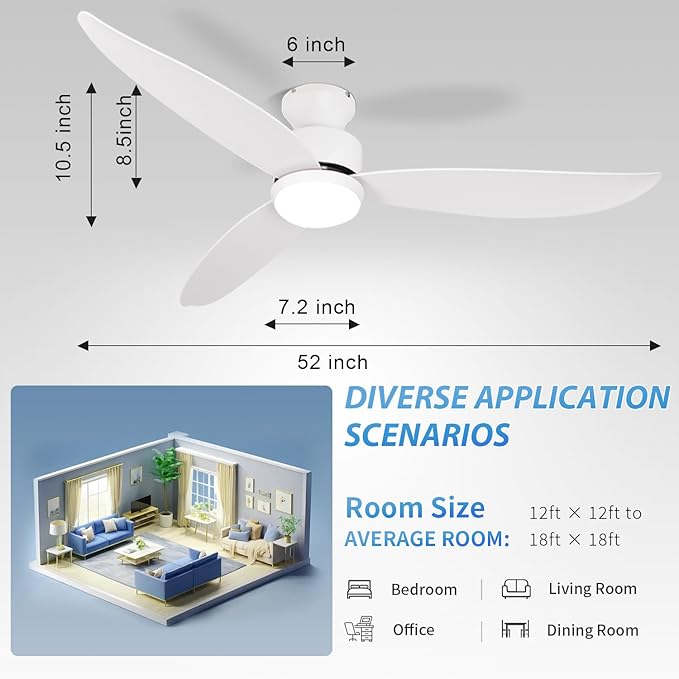White 52 inch Ceiling Fans with Lights and Remote, 3 Blade Modern Low Profile Ceiling Fan, 6 Speeds Quiet Reversible DC Motor, 3 Color Dimmable LED Light for Bedroom Living Room Indoor Patio White