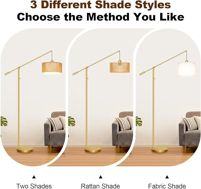 【Upgraded】Arc Floor Lamp for Living Room, Boho Dimmable Swing Arm Floor Lamp with Rattan & Fabric Shades, Gold Rattan Standing Lamp with 11W Bulb, Farmhouse Adjustable Tall Lamp for Bedroom Office