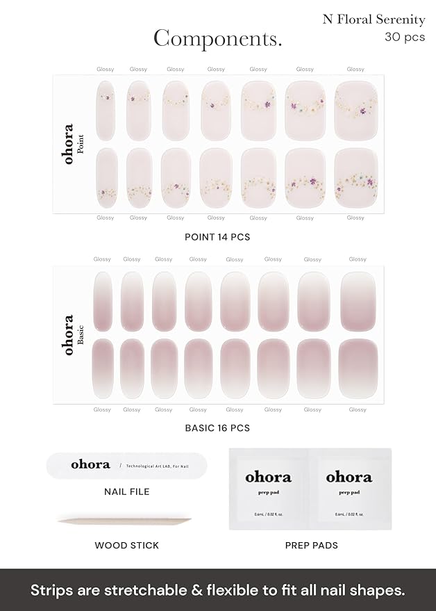 ohora Semi Cured Gel Nail Strips (N Floral Serenity) - Nude, Ombre, Works with Any UV/LED Lamps, Salon-Quality, Long Lasting, Easy to Apply & Remove - Includes 2 Prep Pads, Nail File & Wooden Stick