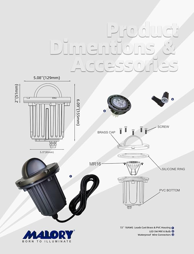MALORY Brass Landscape Well Lights,（6‘’H 12V Low Voltage Outdoor In Ground Lights,Landscape Lighting for Pathway, Driveway and Garden (Full Brass -01A, 4-Pack with Bulb)