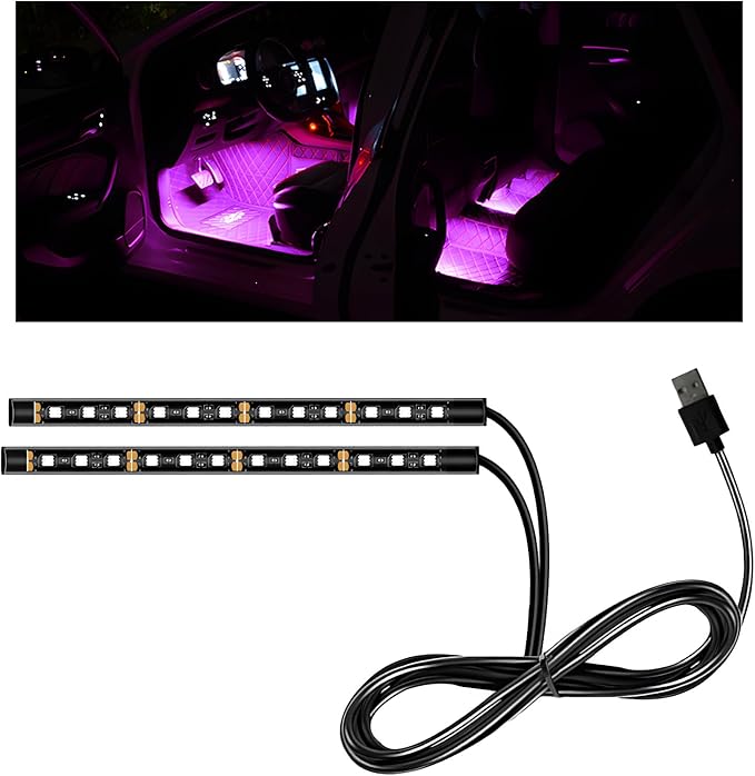 Car LED Strip Light, 12V 24 LEDs Auto Interior Atmosphere Lamp with USB Port, Vehicle Under Dash Ambient Neon Night Light Decorative Strip, Universal Car Accessories (Pink Purple)
