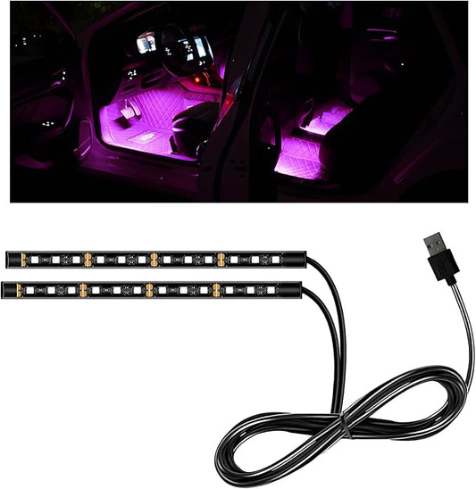 Car LED Strip Light, 12V 24 LEDs Auto Interior Atmosphere Lamp with USB Port, Vehicle Under Dash Ambient Neon Night Light Decorative Strip, Universal Car Accessories (Pink Purple)