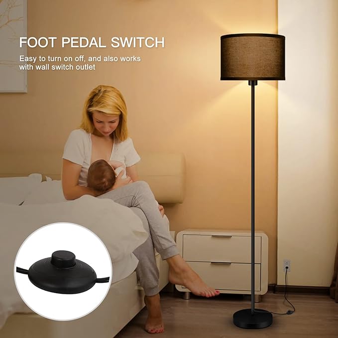Floor Lamp Black, Standing Lamp, 58" Tall Lamps for Living Room, Simple Pole Lamp with Black Lampshade, On/Off Foot Pedal, Bright Dimming Light for Kids Room Bedroom Office Decor(Without Bulbs)