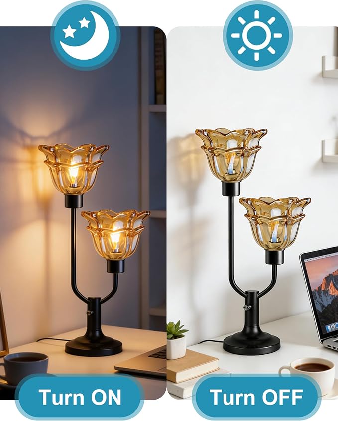 Lightdot Mid Century Modern Flower Table Lamp Black Dimmable U-Shaped Brown Glass Desk Lamps with 2Pcs 3000K Warmwhite Bulbs Included Bedside Nightstand Lamp for Living Room Bedroom