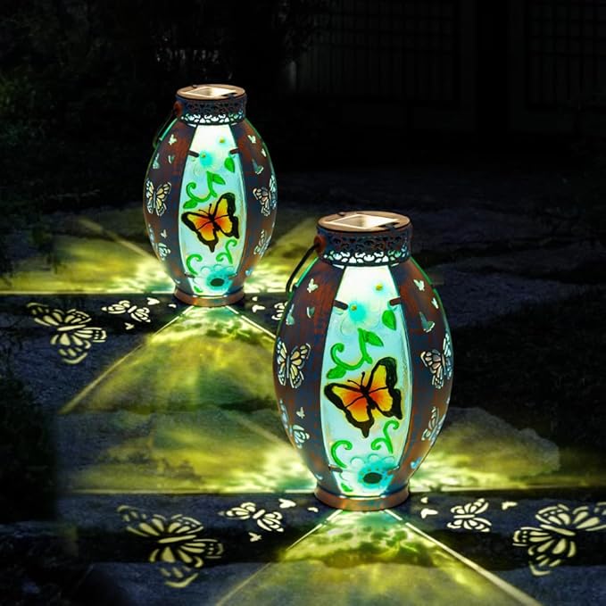 Butterfly Hanging Solar Lantern Outdoor Garden Decor, Butterfly Lantern Memorial Gardening Gifts for Mom Grandma, Solar Lights for Outside Waterproof Table Decor