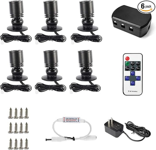 DEDC 6pcs LED Mini Spot Light, 3000K Under Cabinet Lights, Mini Spotlights for Showcase Displays Jewelry Model (Warm White-Remote Control-U.S. Plugs-Base Unslotted)