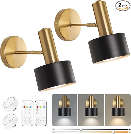 Battery Operated Wall Sconces Set of 2, Modern Wireless Black Wall Lights Fixtures,Cordless Wall lamp with Memory Function, with Remote Control Apply to Bedroom, Living Room, Corridor Stairs
