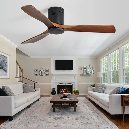 52" Low Profile Wood Ceiling Fan No Light with 3 Walnut Blades, Modern Ceiling Fan with Remote Control, Timer, Noiseless Reversible DC Motor for Outdoor Farmhouse Patio Living Room and Bedroom